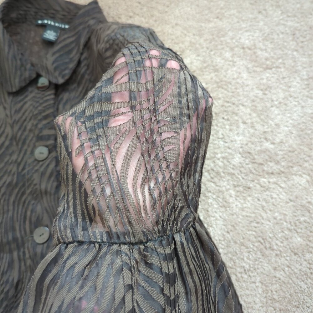 Citiknits Pleated Blouse Semi Sheer Long Sleeve Button Front Brown Large - Picture 8 of 11